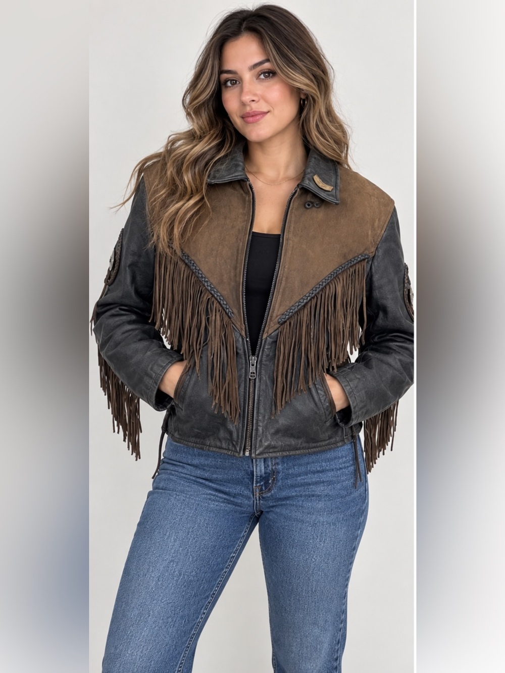 Vintage Leather King Fringe Motorcycle Jacket Western Biker XXL y2k